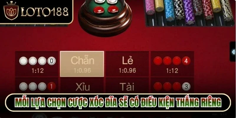 Mỗi lựa chọn cược xóc đĩa sẽ có điều kiện thắng và tỷ lệ thưởng riêng